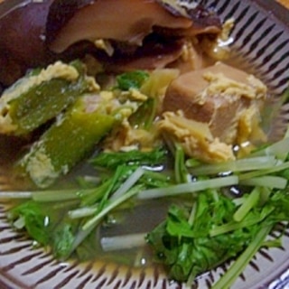 オクラと水菜の干し椎茸高野豆腐